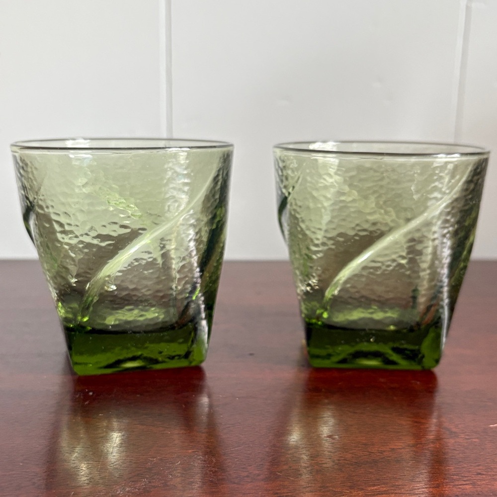 VTG Hazel Atlas Pebblestone Green Juice Glasses MCM Textured Glassware, Set of 2